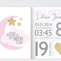 Birth stats wall art, pink gold nursery, we love you to the moon and back, hot air balloon nursery, birth announcement sign, pink and gold