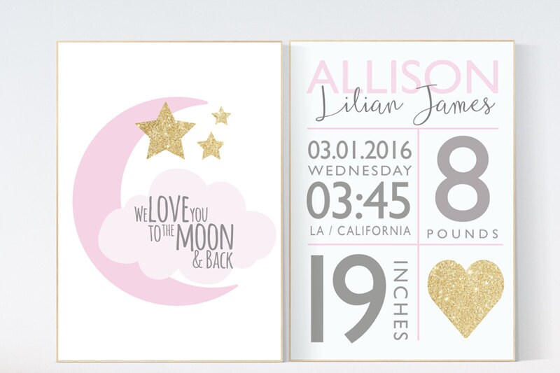 Birth stats wall art, pink gold nursery, we love you to the moon and back, hot air balloon nursery, birth announcement sign, pink and gold