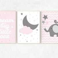 Dream Big Little One, Pink Gray Nursery Set, Girl Nursery Decor, Nursery Print, Baby Girl Pink Nursery Art, Toddler Girl Bedroom Art