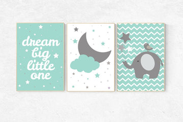 Nursery decor neutral, elephant nursery art, nursery decor boy teal, mint nursery, cloud and star, moon and stars, dream big, mint green
