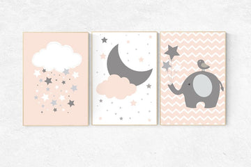 Nursery decor girl coral, nursery decor elephant, nursery decor girl wall art, nursery prints elephant, coral gray nursery, pink nursery art