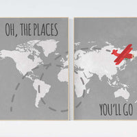 Oh the places you'll go, gray nursery decor, travel nursery decor, World Map wall art, world map nursery, navy gray nursery, grey nursery
