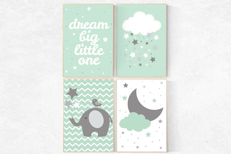 Dream Big little one, Mint nursery decor, set of 4, playroom decor, gender neutral nursery decor, mint green, cloud nursery, mint green