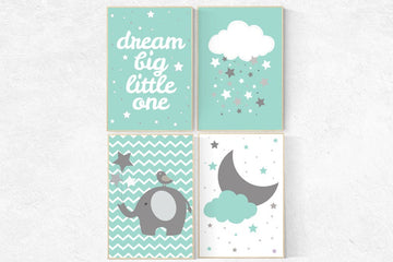 Dream Big Little One, Baby Nursery Art Pint Set, Set of 4 prints, nursery decor, Mint Green Nursery, cloud nursery, mint nursery decor