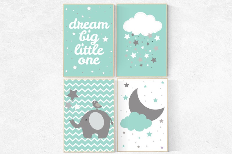 Dream Big Little One, Baby Nursery Art Pint Set, Set of 4 prints, nursery decor, Mint Green Nursery, cloud nursery, mint nursery decor