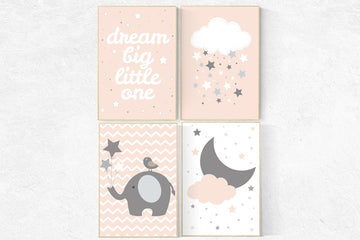 Nursery decor girl coral, nursery decor elephant, Dream Big little one, coral nursery decor, peach nursery, blush nursery, cloud and stars