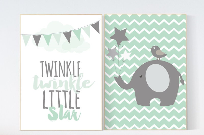 Twinkle Twinkle Little Star, Mint nursery decor, elephant nursery, gender neutral baby, mint gray nursery, nursery print elephant, neutral