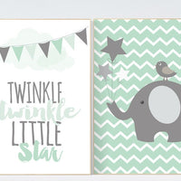 Twinkle Twinkle Little Star, Mint nursery decor, elephant nursery, gender neutral baby, mint gray nursery, nursery print elephant, neutral