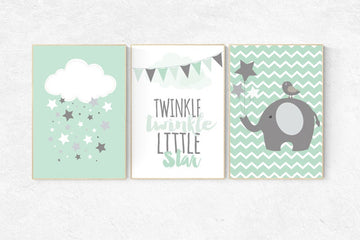 Twinkle Twinkle Little Star, Mint nursery decor, elephant nursery, gender neutral baby, new baby gift, mint gray, baby room, kids room