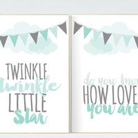 Twinkle Twinkle Little Star, Mint nursery decor, gender neutral baby, new baby gift, mint gray, playroom decor, mint nursery wall art