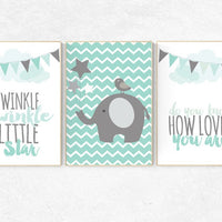 Twinkle Twinkle Little Star, mint nursery decor, mint gray, gender neutral, nursery decor elephant, nursery decor boy teal, mint grey