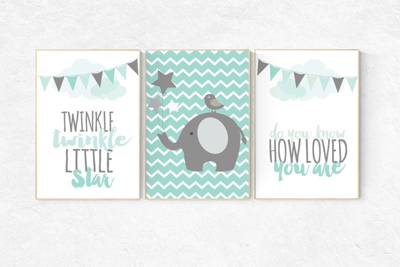 Twinkle Twinkle Little Star, mint nursery decor, mint gray, gender neutral, nursery decor elephant, nursery decor boy teal, mint grey