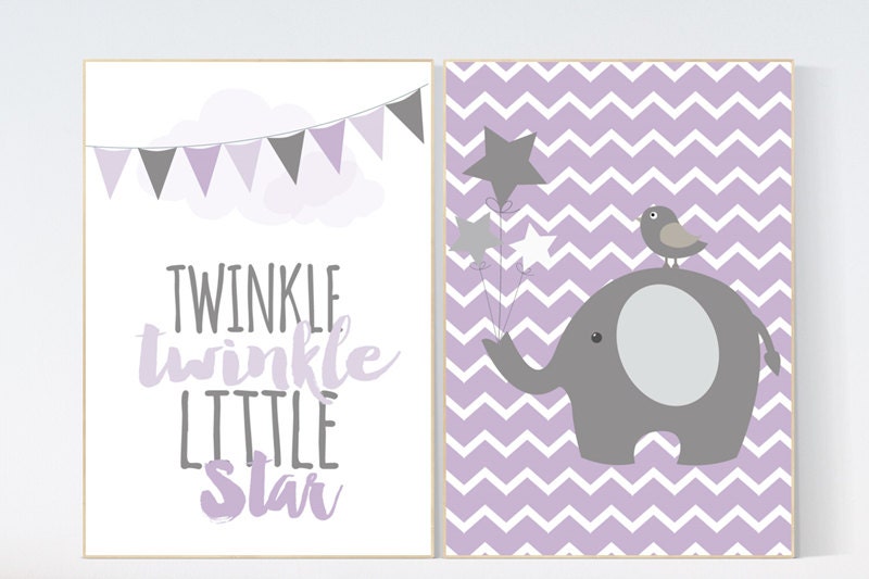 Twinkle Twinkle Little Star, Purple nursery decor, baby girl nursery wall art, new baby gift, purple gray nursery, Elephant Nursery Art