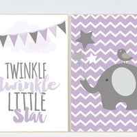 Twinkle Twinkle Little Star, Purple nursery decor, baby girl nursery wall art, new baby gift, purple gray nursery, Elephant Nursery Art