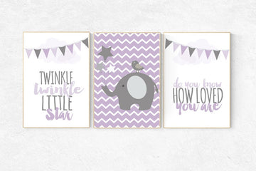 Purple nursery decor, Twinkle Twinkle Little Star, elephant nursery, baby girl nursery wall art, new baby gift, purple gray nursery elephant