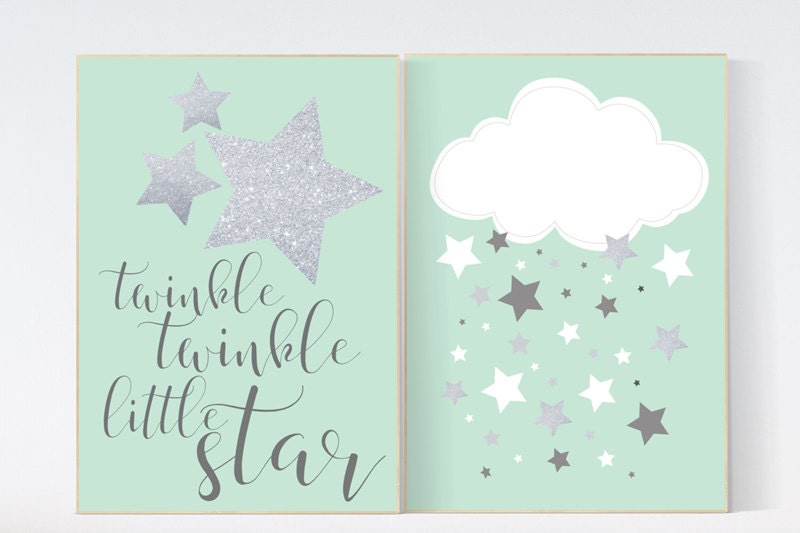 Twinkle twinkle little star nursery, mint nursery decor, baby boy nursery decor, mint silver, cloud nursery, kids room decor, wall art