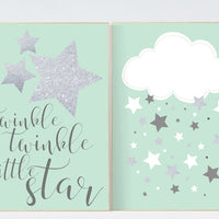 Twinkle twinkle little star nursery, mint nursery decor, baby boy nursery decor, mint silver, cloud nursery, kids room decor, wall art