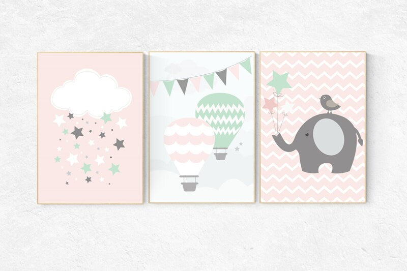 Hot air balloon, elephant nursery decor, Baby girl nursery decor, coral mint nursery decor, cloud nursery, girls room wall art