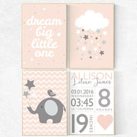 Nursery decor girl coral, blush pink nursery, nursery decor elephant, coral nursery, dream big little one, cloud and star nursery, name