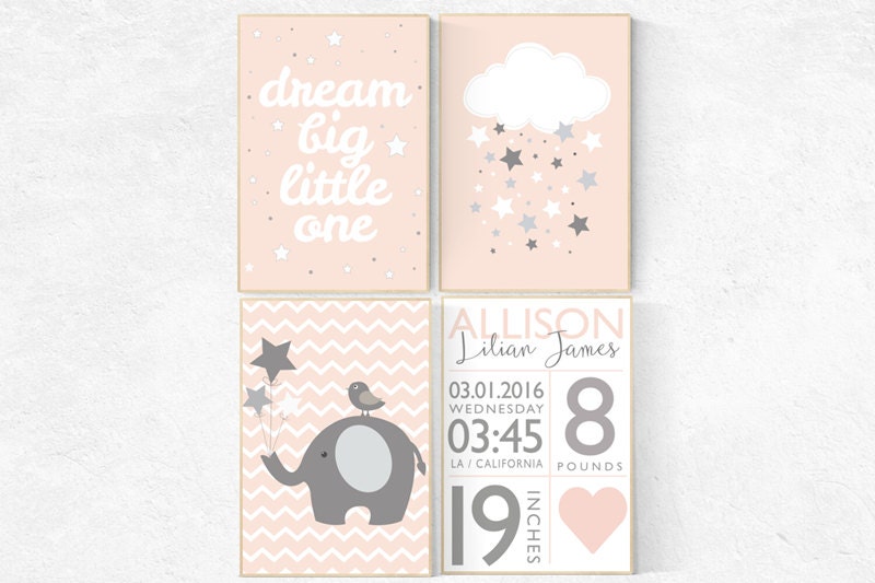 Nursery decor girl coral, blush pink nursery, nursery decor elephant, coral nursery, dream big little one, cloud and star nursery, name