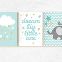 Mint gold nursery, dream big little one, elephant nursery, Mint gold nursery baby shower, set of 3, cloud nursery wall art, nursery wall art