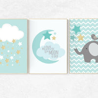 Mint and gold nursery decor, we love you to the moon and back, nursery decor elephant, nursery decor boy teal, mint gold, cloud and star