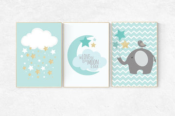 Mint and gold nursery decor, we love you to the moon and back, nursery decor elephant, nursery decor boy teal, mint gold, cloud and star