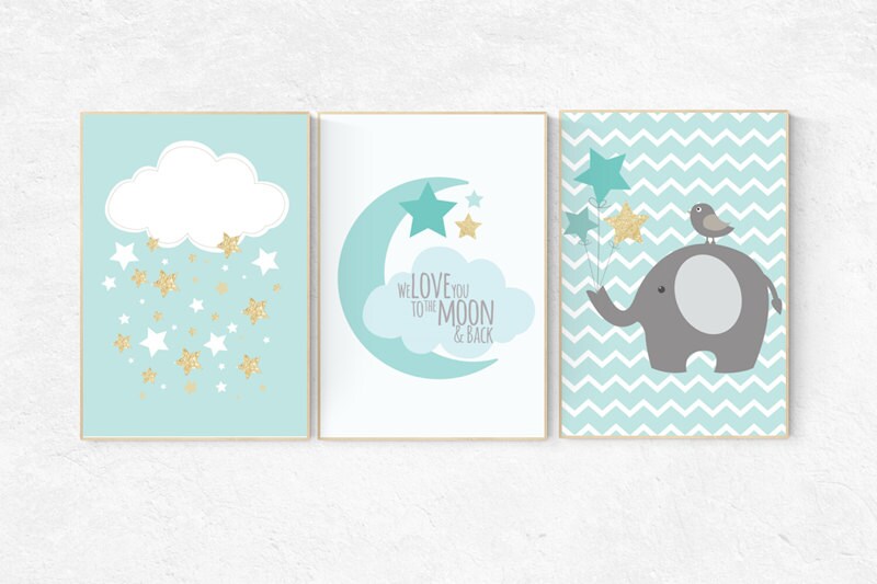 Mint and gold nursery decor, we love you to the moon and back, nursery decor elephant, nursery decor boy teal, mint gold, cloud and star