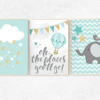 Mint gold nursery, oh the places you'll go, elephant nursery, Mint gold nursery baby shower, set of 3, cloud nursery wall art