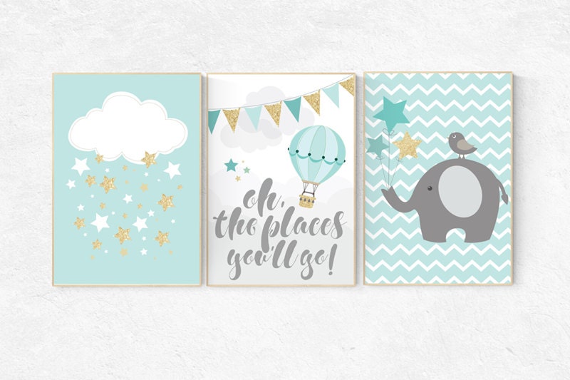 Mint gold nursery, oh the places you'll go, elephant nursery, Mint gold nursery baby shower, set of 3, cloud nursery wall art