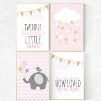 Nursery prints girl elephant, pink and gold nursery, animal nursery wall art, nursery decor elephant, cloud and star nursery, girls room
