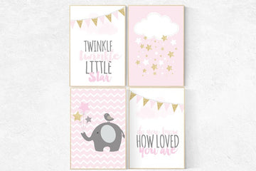 Nursery prints girl elephant, pink and gold nursery, animal nursery wall art, nursery decor elephant, cloud and star nursery, girls room