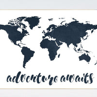 Navy World Map print, Adventure awaits Nursery print, Kids Room Decor, playroom decor toddler navy baby wall art, world map gift, nursery