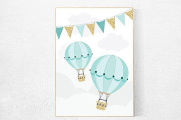 Hot Air Balloon Nursery Art, mint nursery decor, mint and gold baby shower, Nursery Prints, mint and gold nursery, nursery wall art new baby