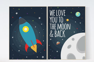 Space nursery decor, we love you to the moon and back, boys room wall art, baby boy, moon print, playroom decor, kids room, space decor