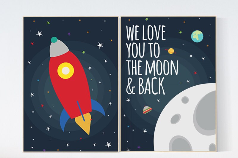 Space themed nursery, We love you to the moon and back, Space nursery decor, boys room wall art, baby boy, playroom decor, kids room