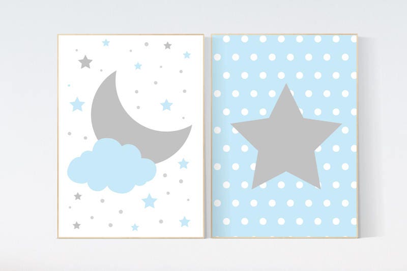 Baby boy nursery wall art, blue gray nursery decor, star nursery decor, cloud nursery decor, baby boy nursery decor, kids room decor
