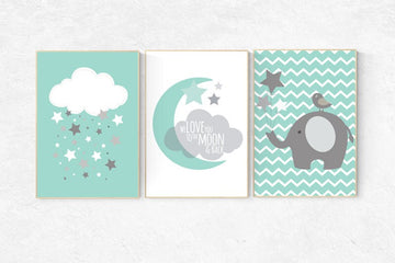 We love you to the moon and back, nursery decor, mint nursery decor, moon nursery, elephant nursery, nursery wall art, baby room wall art