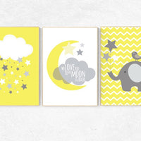 Yellow gray nursery, we love you to the moon and back, nursery decor, yellow nursery decor, moon nursery, elephant nursery, baby room decor