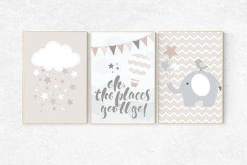 Oh the places you'll go, gender neutral nursery, beige and cream, elephant Nursery, Nursery Decor, Gray Beige gender neutral baby shower