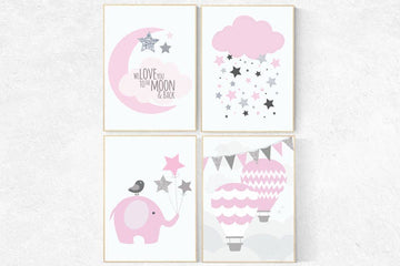 We love you to the moon and back, Baby girl nursery, Pink gray nursery, pink and silver baby shower, birth stats wall art, elephant nursery