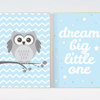 Nursery decor boy, owl nursery decor, blue nursery decor, Dream Big Little One, nursery wall art boy, baby room wall art, baby blue nursery