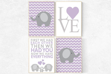 Nursery decor girl lilac, nursery wall art purple, First We Had Each Other, Elephant Nursery, Nursery Art, baby room art chevron elephant