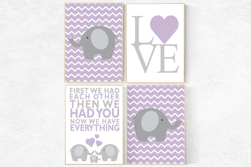 Nursery decor girl lilac, nursery wall art purple, First We Had Each Other, Elephant Nursery, Nursery Art, baby room art chevron elephant