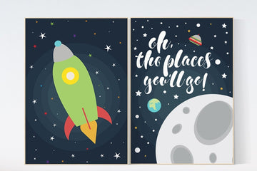 Oh the places you'll go, outer space nursery wall art, navy space nursery decor, baby boy, moon print, playroom decor, kids room, space art