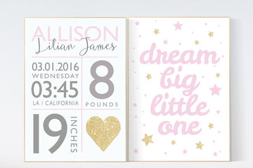 Nursery decor pink and gold, Dream Big Little One, pink gold nursery wall art, nursery decor girl name, girls room decor, nursery girl name