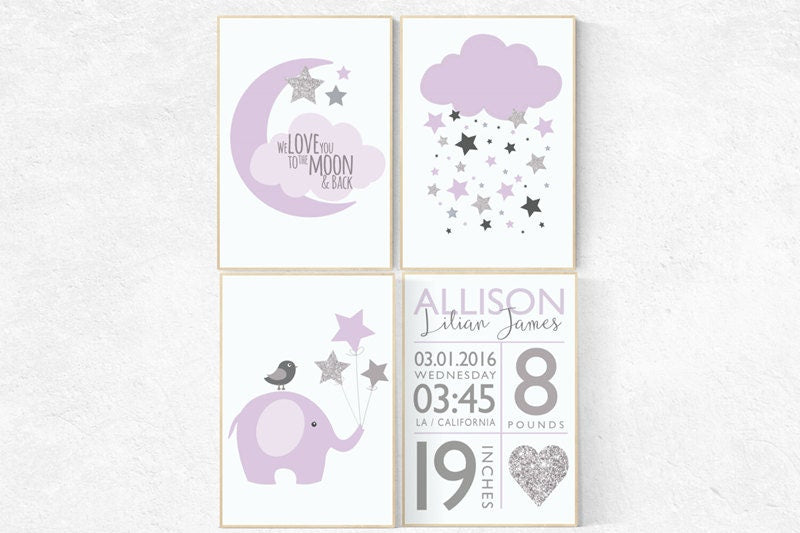 Baby girl nursery, purple gray nursery, baby birth stats, purple and silver baby shower, birth stats wall art elephant nursery cloud nursery