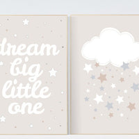 Dream Big Little One, gender neutral nursery, beige and cream, cloud Nursery, Nursery Decor, Gray Beige gender neutral baby shower