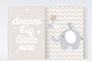 Elephant Nursery, Dream Big Little One, gender neutral nursery, beige and cream, Nursery Decor, Gray Beige gender neutral baby shower