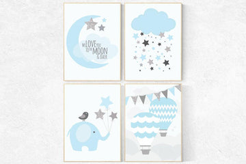 Nursery decor boy hot air balloon, nursery decor boy elephant, We love you to the moon and back, Blue gray nursery, blue and silver nursery